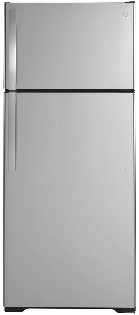 GE 17.5 cubic foot top-freezer refrigerator in fingerprint-resistant stainless steel.